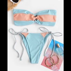 ZAFUL Ribbed Colorblock Braided Bow Bandeau Bikini